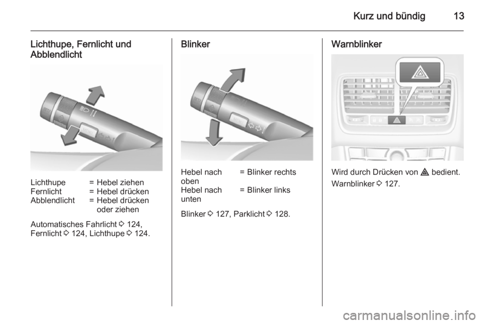 OPEL MERIVA 2015.5  Betriebsanleitung (in German) Kurz und bündig13
Lichthupe, Fernlicht und
AbblendlichtLichthupe=Hebel ziehenFernlicht=Hebel drückenAbblendlicht=Hebel drücken
oder ziehen
Automatisches Fahrlicht  3 124,
Fernlicht  3 124, Lichthup