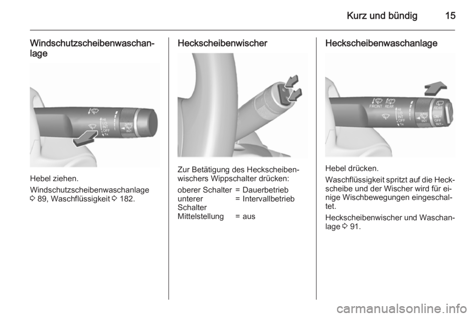 OPEL MERIVA 2015.5  Betriebsanleitung (in German) Kurz und bündig15
Windschutzscheibenwaschan‐
lage
Hebel ziehen.
Windschutzscheibenwaschanlage
3  89, Waschflüssigkeit  3 182.
Heckscheibenwischer
Zur Betätigung des Heckscheiben‐
wischers Wipps