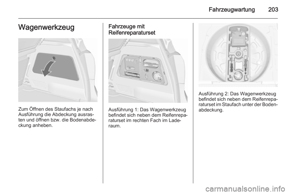 OPEL MERIVA 2015.5  Betriebsanleitung (in German) Fahrzeugwartung203Wagenwerkzeug
Zum Öffnen des Staufachs je nach
Ausführung die Abdeckung ausras‐
ten und öffnen bzw. die Bodenabde‐
ckung anheben.
Fahrzeuge mit
Reifenreparaturset
Ausführung 