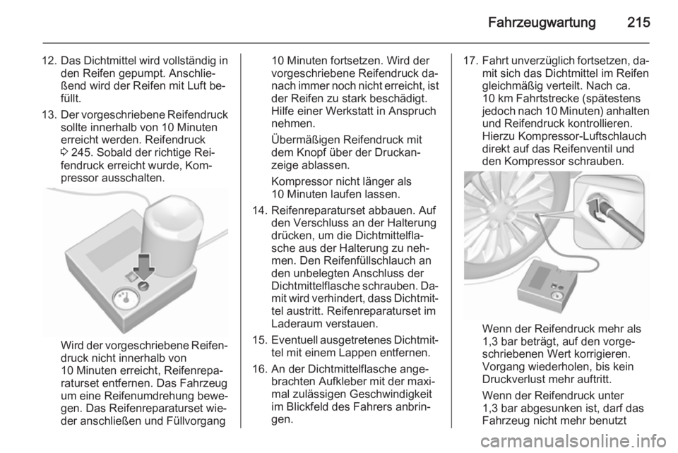 OPEL MERIVA 2015.5  Betriebsanleitung (in German) Fahrzeugwartung215
12.Das Dichtmittel wird vollständig in
den Reifen gepumpt. Anschlie‐
ßend wird der Reifen mit Luft be‐
füllt.
13. Der vorgeschriebene Reifendruck
sollte innerhalb von 10 Minu