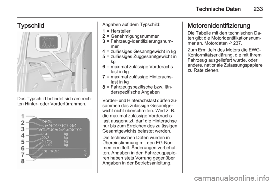 OPEL MERIVA 2015.5  Betriebsanleitung (in German) Technische Daten233Typschild
Das Typschild befindet sich am rech‐ten Hinter- oder Vordertürrahmen.
Angaben auf dem Typschild:1=Hersteller2=Genehmigungsnummer3=Fahrzeug-Identifizierungsnum‐
mer4=z