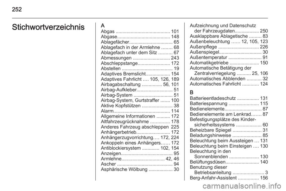 OPEL MERIVA 2015.5 Betriebsanleitung (in German) 252StichwortverzeichnisAAbgas ........................................ 101
Abgase ....................................... 148
Ablagefächer ................................ 65
Ablagefach in der Armle OPEL MERIVA 2015.5 Betriebsanleitung (in German) 252StichwortverzeichnisAAbgas ........................................ 101
Abgase ....................................... 148
Ablagefächer ................................ 65
Ablagefach in der Armle