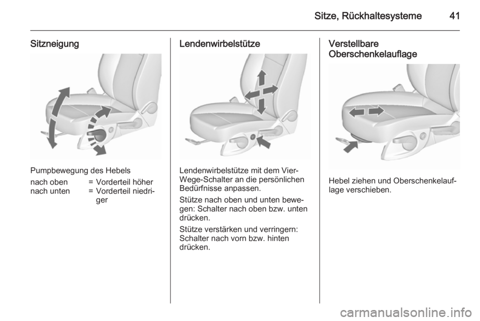 OPEL MERIVA 2015.5  Betriebsanleitung (in German) Sitze, Rückhaltesysteme41
Sitzneigung
Pumpbewegung des Hebels
nach oben=Vorderteil höhernach unten=Vorderteil niedri‐
gerLendenwirbelstütze
Lendenwirbelstütze mit dem Vier-
Wege-Schalter an die 