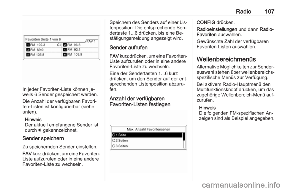 OPEL MERIVA 2016 Infotainment-Handbuch (in German) Radio107
In jeder Favoriten-Liste können je‐
weils 6 Sender gespeichert werden.
Die Anzahl der verfügbaren Favori‐
ten-Listen ist konfigurierbar (siehe
unten).
Hinweis
Der aktuell empfangene Sen OPEL MERIVA 2016 Infotainment-Handbuch (in German) Radio107
In jeder Favoriten-Liste können je‐
weils 6 Sender gespeichert werden.
Die Anzahl der verfügbaren Favori‐
ten-Listen ist konfigurierbar (siehe
unten).
Hinweis
Der aktuell empfangene Sen