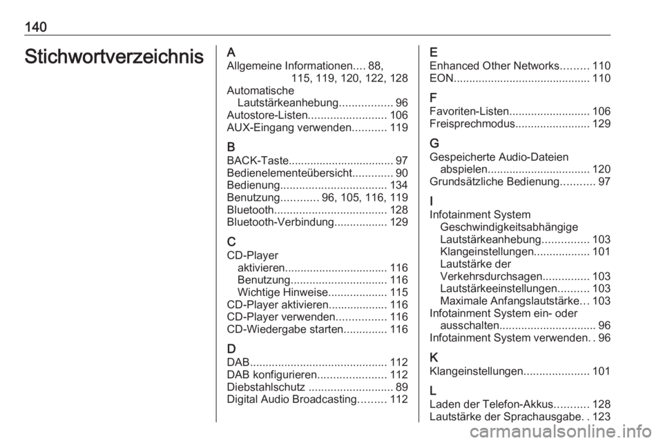 OPEL MERIVA 2016 Infotainment-Handbuch (in German) 140StichwortverzeichnisAAllgemeine Informationen ....88,
115, 119, 120, 122, 128
Automatische Lautstärkeanhebung .................96
Autostore-Listen ......................... 106
AUX-Eingang verwend OPEL MERIVA 2016 Infotainment-Handbuch (in German) 140StichwortverzeichnisAAllgemeine Informationen ....88,
115, 119, 120, 122, 128
Automatische Lautstärkeanhebung .................96
Autostore-Listen ......................... 106
AUX-Eingang verwend