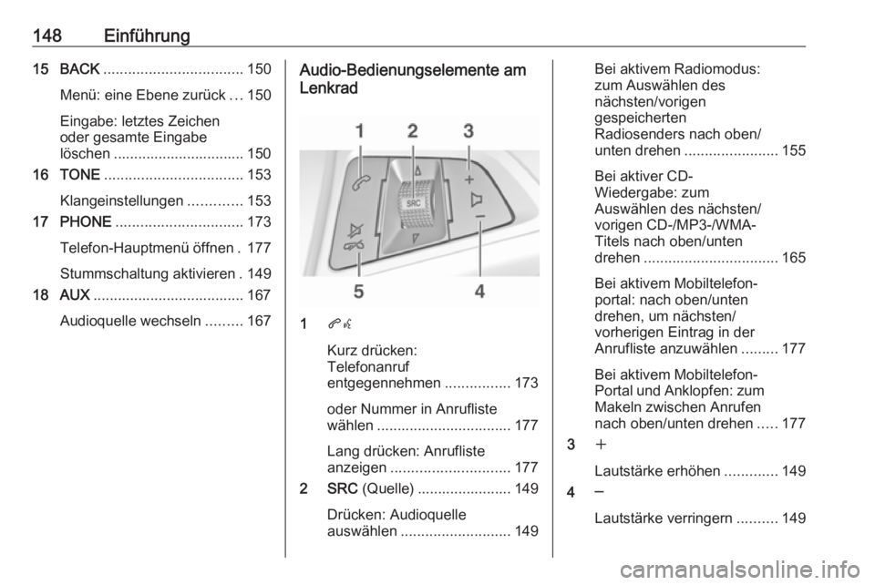OPEL MERIVA 2016  Infotainment-Handbuch (in German) 148Einführung15 BACK.................................. 150
Menü: eine Ebene zurück ...150
Eingabe: letztes Zeichen
oder gesamte Eingabe
löschen ................................ 150
16 TONE .......
