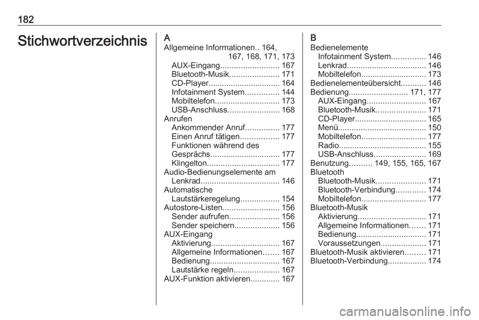 OPEL MERIVA 2016 Infotainment-Handbuch (in German) 182StichwortverzeichnisAAllgemeine Informationen ..164,
167, 168, 171, 173
AUX-Eingang .......................... 167
Bluetooth-Musik ......................171
CD-Player............................... OPEL MERIVA 2016 Infotainment-Handbuch (in German) 182StichwortverzeichnisAAllgemeine Informationen ..164,
167, 168, 171, 173
AUX-Eingang .......................... 167
Bluetooth-Musik ......................171
CD-Player...............................