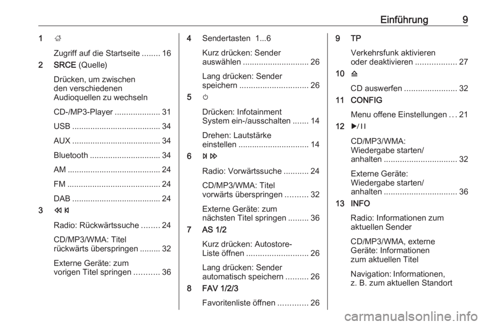 OPEL MERIVA 2016  Infotainment-Handbuch (in German) Einführung91;
Zugriff auf die Startseite ........16
2 SRCE  (Quelle)
Drücken, um zwischen
den verschiedenen
Audioquellen zu wechseln
CD-/MP3-Player ....................31
USB .......................