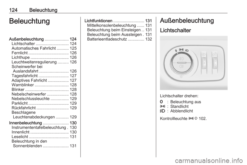 OPEL MERIVA 2016 Betriebsanleitung (in German) 124BeleuchtungBeleuchtungAußenbeleuchtung....................124
Lichtschalter ............................ 124
Automatisches Fahrlicht ..........125
Fernlicht ................................... 126 OPEL MERIVA 2016 Betriebsanleitung (in German) 124BeleuchtungBeleuchtungAußenbeleuchtung....................124
Lichtschalter ............................ 124
Automatisches Fahrlicht ..........125
Fernlicht ................................... 126