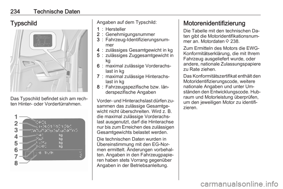 OPEL MERIVA 2016  Betriebsanleitung (in German) 234Technische DatenTypschild
Das Typschild befindet sich am rech‐ten Hinter- oder Vordertürrahmen.
Angaben auf dem Typschild:1:Hersteller2:Genehmigungsnummer3:Fahrzeug-Identifizierungsnum‐
mer4:z