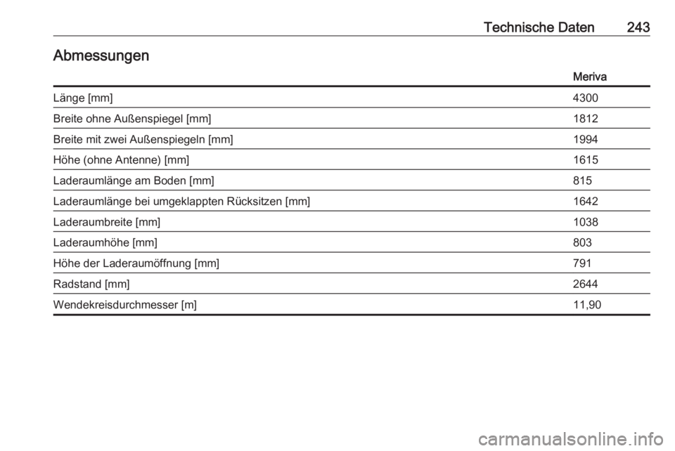 OPEL MERIVA 2016  Betriebsanleitung (in German) Technische Daten243AbmessungenMerivaLänge [mm]4300Breite ohne Außenspiegel [mm]1812Breite mit zwei Außenspiegeln [mm]1994Höhe (ohne Antenne) [mm]1615Laderaumlänge am Boden [mm]815Laderaumlänge b