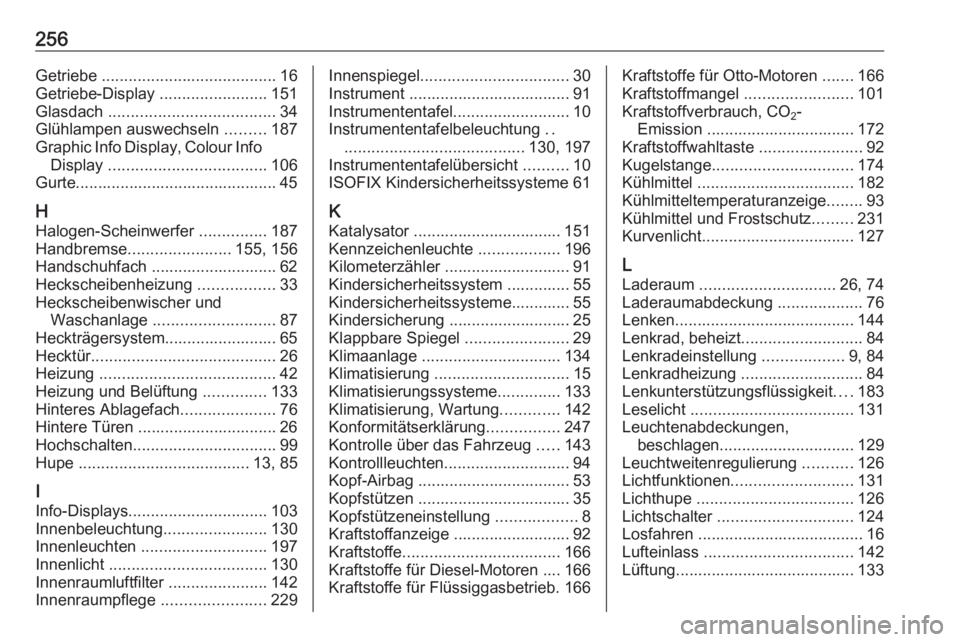 OPEL MERIVA 2016  Betriebsanleitung (in German) 256Getriebe ....................................... 16
Getriebe-Display  ........................151
Glasdach  ..................................... 34
Glühlampen auswechseln  .........187
Graphic In