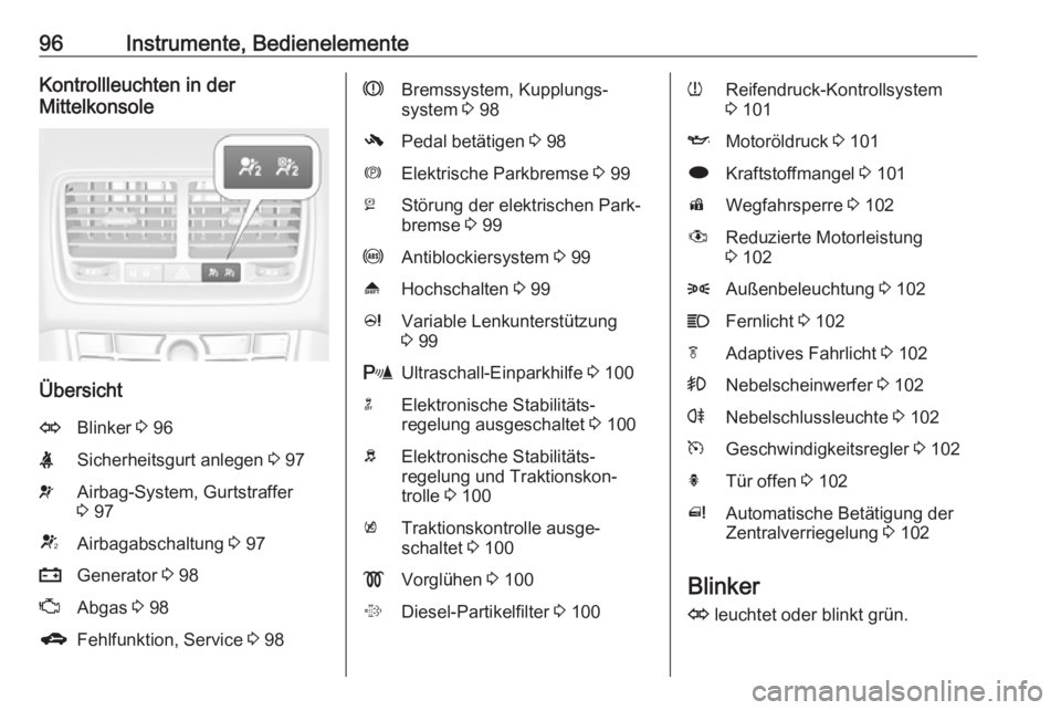 OPEL MERIVA 2016  Betriebsanleitung (in German) 96Instrumente, BedienelementeKontrollleuchten in der
Mittelkonsole
Übersicht
OBlinker  3 96XSicherheitsgurt anlegen  3 97vAirbag-System, Gurtstraffer
3  97VAirbagabschaltung  3 97pGenerator  3 98ZAbg