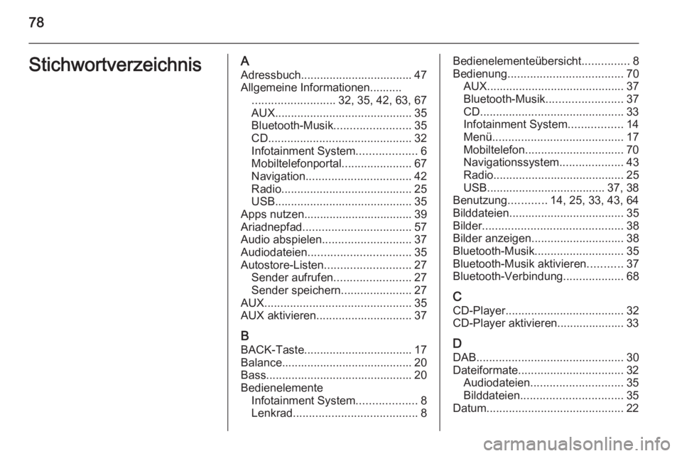 OPEL MOKKA 2014 Infotainment-Handbuch (in German) 78StichwortverzeichnisAAdressbuch................................... 47Allgemeine Informationen.......... .......................... 32, 35, 42, 63, 67
AUX ........................................... OPEL MOKKA 2014 Infotainment-Handbuch (in German) 78StichwortverzeichnisAAdressbuch................................... 47Allgemeine Informationen.......... .......................... 32, 35, 42, 63, 67
AUX ...........................................