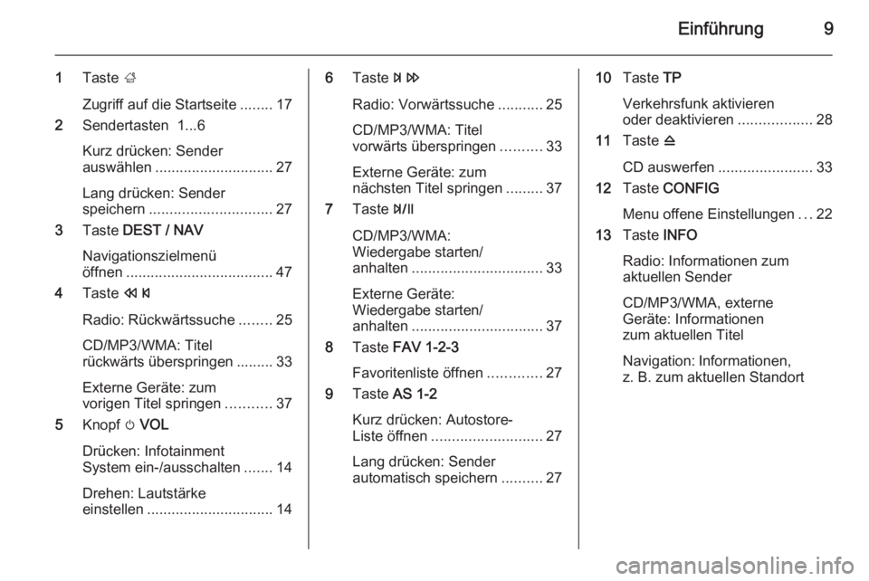 OPEL MOKKA 2014  Infotainment-Handbuch (in German) Einführung9
1Taste  ;
Zugriff auf die Startseite ........17
2 Sendertasten  1...6
Kurz drücken: Sender
auswählen ............................. 27
Lang drücken: Sender
speichern ...................