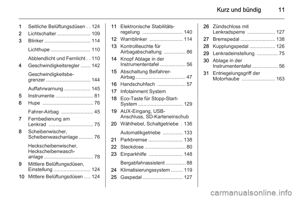 OPEL MOKKA 2014  Betriebsanleitung (in German) Kurz und bündig11
1Seitliche Belüftungsdüsen ..124
2 Lichtschalter ........................ 109
3 Blinker ................................. 114
Lichthupe ............................ 110
Abblendlic