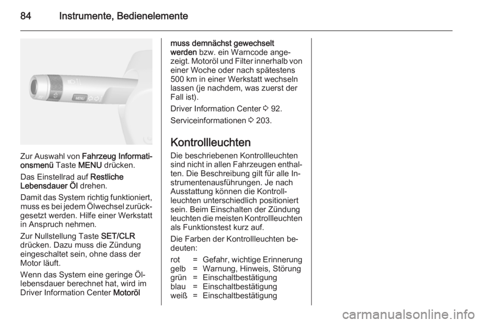 OPEL MOKKA 2014  Betriebsanleitung (in German) 84Instrumente, Bedienelemente
Zur Auswahl von Fahrzeug Informati‐
onsmenü  Taste MENU drücken.
Das Einstellrad auf  Restliche
Lebensdauer Öl  drehen.
Damit das System richtig funktioniert, muss e