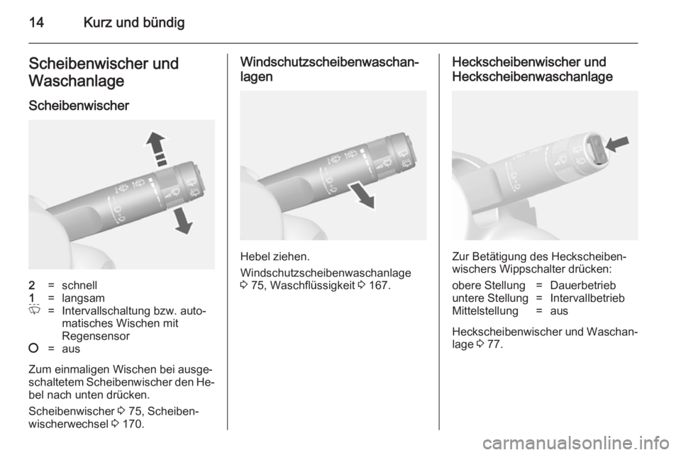 OPEL MOKKA 2014.5  Betriebsanleitung (in German) 14Kurz und bündigScheibenwischer und
Waschanlage
Scheibenwischer2=schnell1=langsamP=Intervallschaltung bzw. auto‐
matisches Wischen mit
Regensensor§=aus
Zum einmaligen Wischen bei ausge‐ schalte
