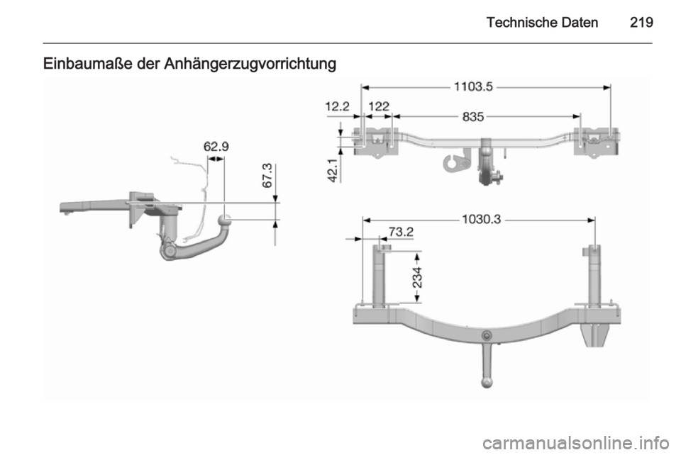 OPEL MOKKA 2014.5  Betriebsanleitung (in German) Technische Daten219Einbaumaße der Anhängerzugvorrichtung 