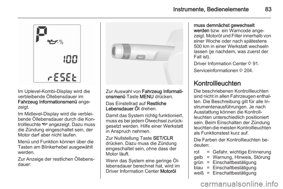OPEL MOKKA 2014.5  Betriebsanleitung (in German) Instrumente, Bedienelemente83
Im Uplevel-Kombi-Display wird die
verbleibende Öllebensdauer im
Fahrzeug Informationsmenü  ange‐
zeigt.
Im Midlevel-Display wird die verblei‐
bende Öllebensdauer d