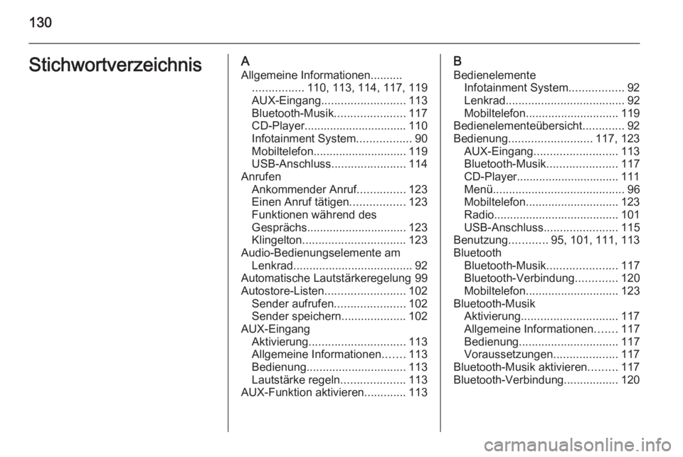 OPEL MOKKA 2015 Infotainment-Handbuch (in German) 130StichwortverzeichnisAAllgemeine Informationen.......... ................ 110, 113, 114, 117, 119
AUX-Eingang .......................... 113
Bluetooth-Musik ......................117
CD-Player...... OPEL MOKKA 2015 Infotainment-Handbuch (in German) 130StichwortverzeichnisAAllgemeine Informationen.......... ................ 110, 113, 114, 117, 119
AUX-Eingang .......................... 113
Bluetooth-Musik ......................117
CD-Player......