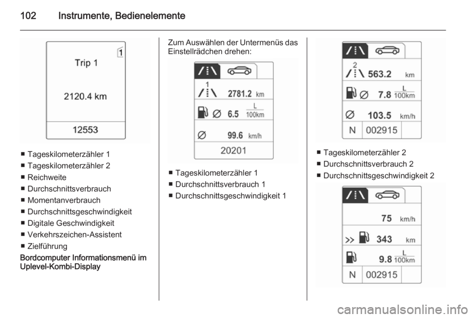 OPEL MOKKA 2015  Betriebsanleitung (in German) 102Instrumente, Bedienelemente
■ Tageskilometerzähler 1
■ Tageskilometerzähler 2
■ Reichweite
■ Durchschnittsverbrauch
■ Momentanverbrauch
■ Durchschnittsgeschwindigkeit
■ Digitale Ges
