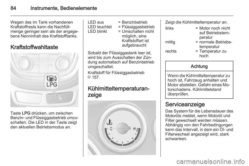 OPEL MOKKA 2015 Betriebsanleitung (in German) 84Instrumente, Bedienelemente
Wegen des im Tank vorhandenen
Kraftstoffrests kann die Nachfüll‐
menge geringer sein als der angege‐
bene Nenninhalt des Kraftstofftanks.
Kraftstoffwahltaste
Taste OPEL MOKKA 2015 Betriebsanleitung (in German) 84Instrumente, Bedienelemente
Wegen des im Tank vorhandenen
Kraftstoffrests kann die Nachfüll‐
menge geringer sein als der angege‐
bene Nenninhalt des Kraftstofftanks.
Kraftstoffwahltaste
Taste