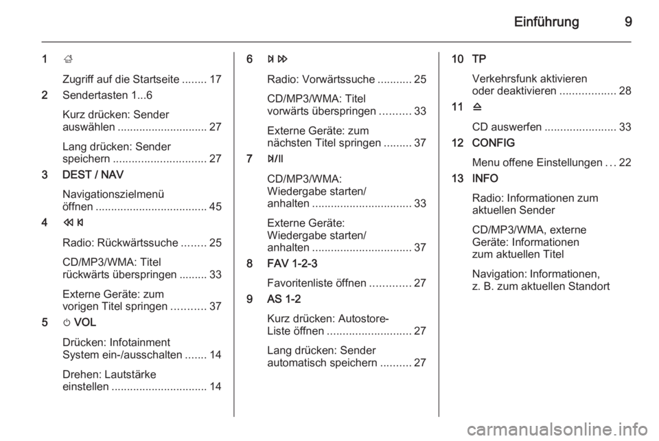 OPEL MOKKA 2015.5  Infotainment-Handbuch (in German) Einführung9
1;
Zugriff auf die Startseite ........17
2 Sendertasten 1...6
Kurz drücken: Sender
auswählen ............................. 27
Lang drücken: Sender
speichern ...........................