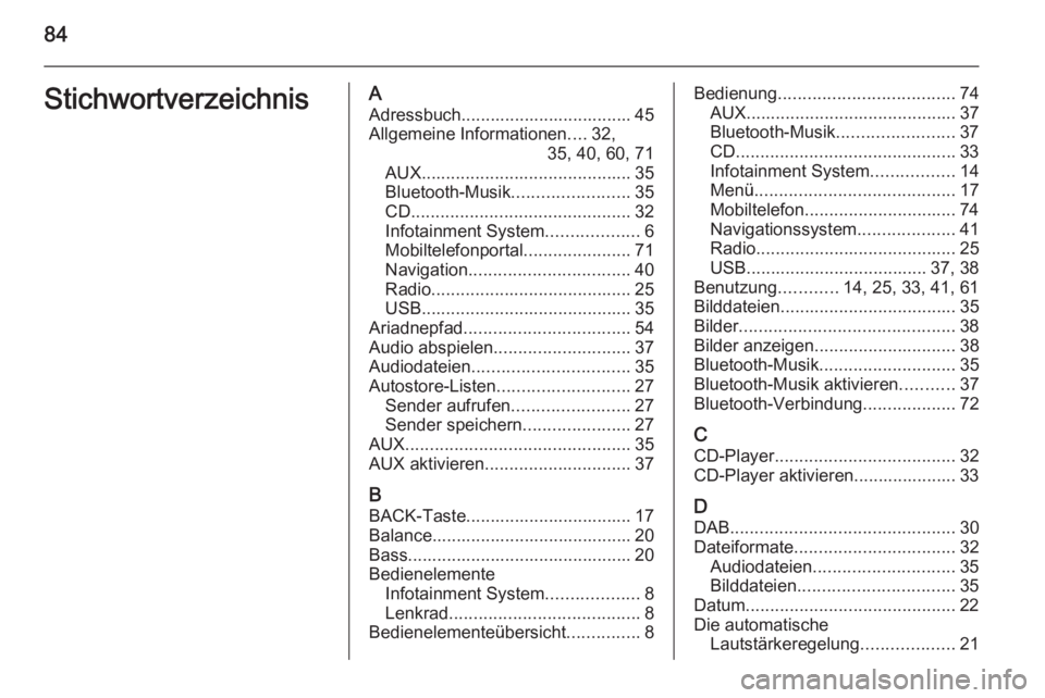 OPEL MOKKA 2015.5  Infotainment-Handbuch (in German) 84StichwortverzeichnisAAdressbuch................................... 45Allgemeine Informationen ....32,
35, 40, 60, 71
AUX ........................................... 35
Bluetooth-Musik ..............