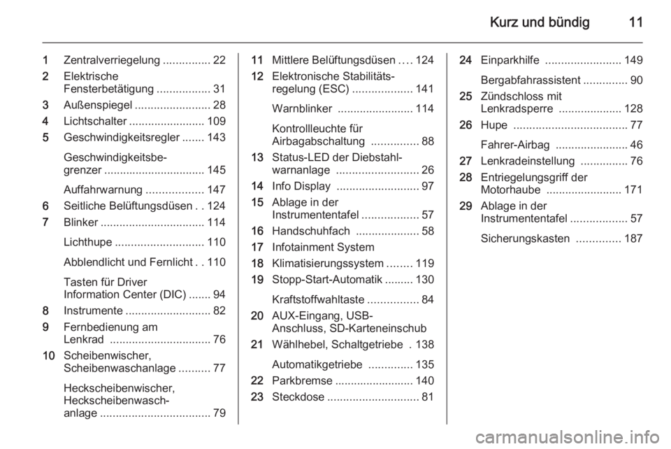OPEL MOKKA 2015.5  Betriebsanleitung (in German) Kurz und bündig11
1Zentralverriegelung ...............22
2 Elektrische
Fensterbetätigung .................31
3 Außenspiegel ........................ 28
4 Lichtschalter ........................ 109
