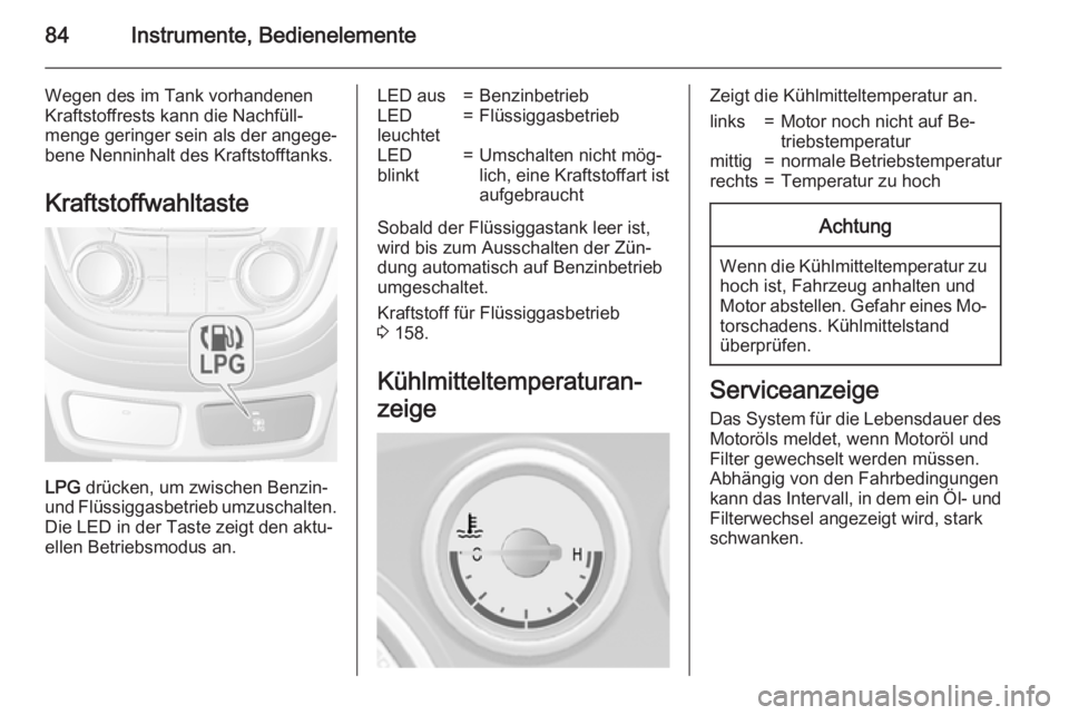 OPEL MOKKA 2015.5 Betriebsanleitung (in German) 84Instrumente, Bedienelemente
Wegen des im Tank vorhandenen
Kraftstoffrests kann die Nachfüll‐
menge geringer sein als der angege‐
bene Nenninhalt des Kraftstofftanks.
Kraftstoffwahltaste
LPG dr OPEL MOKKA 2015.5 Betriebsanleitung (in German) 84Instrumente, Bedienelemente
Wegen des im Tank vorhandenen
Kraftstoffrests kann die Nachfüll‐
menge geringer sein als der angege‐
bene Nenninhalt des Kraftstofftanks.
Kraftstoffwahltaste
LPG dr