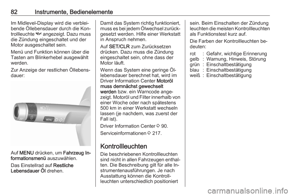 OPEL MOKKA 2016.5  Betriebsanleitung (in German) 82Instrumente, BedienelementeIm Midlevel-Display wird die verblei‐
bende Öllebensdauer durch die Kon‐
trollleuchte  I angezeigt. Dazu muss
die Zündung eingeschaltet und der
Motor ausgeschaltet s