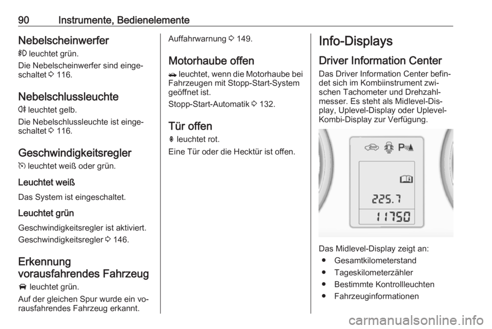 OPEL MOKKA 2016.5  Betriebsanleitung (in German) 90Instrumente, BedienelementeNebelscheinwerfer>  leuchtet grün.
Die Nebelscheinwerfer sind einge‐
schaltet  3 116.
Nebelschlussleuchte
r  leuchtet gelb.
Die Nebelschlussleuchte ist einge‐
schalte