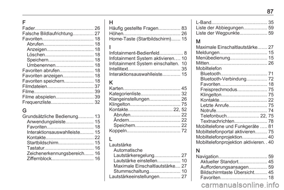 OPEL MOKKA X 2017 Infotainment-Handbuch (in German) 87F
Fader ............................................ 26
Falsche Bildlaufrichtung ...............27
Favoriten....................................... 18 Abrufen...................................... 1 OPEL MOKKA X 2017 Infotainment-Handbuch (in German) 87F
Fader ............................................ 26
Falsche Bildlaufrichtung ...............27
Favoriten....................................... 18 Abrufen...................................... 1