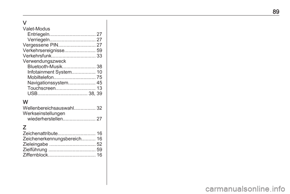OPEL MOKKA X 2017 Infotainment-Handbuch (in German) 89VValet-Modus Entriegeln .................................. 27
Verriegeln .................................. 27
Vergessene PIN ........................... 27
Verkehrsereignisse ...................... OPEL MOKKA X 2017 Infotainment-Handbuch (in German) 89VValet-Modus Entriegeln .................................. 27
Verriegeln .................................. 27
Vergessene PIN ........................... 27
Verkehrsereignisse ......................