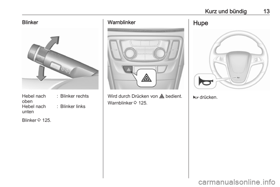 OPEL MOKKA X 2017  Betriebsanleitung (in German) Kurz und bündig13BlinkerHebel nach
oben:Blinker rechtsHebel nach
unten:Blinker links
Blinker  3 125.
Warnblinker
Wird durch Drücken von  ¨ bedient.
Warnblinker  3 125.
Hupe
j  drücken. 