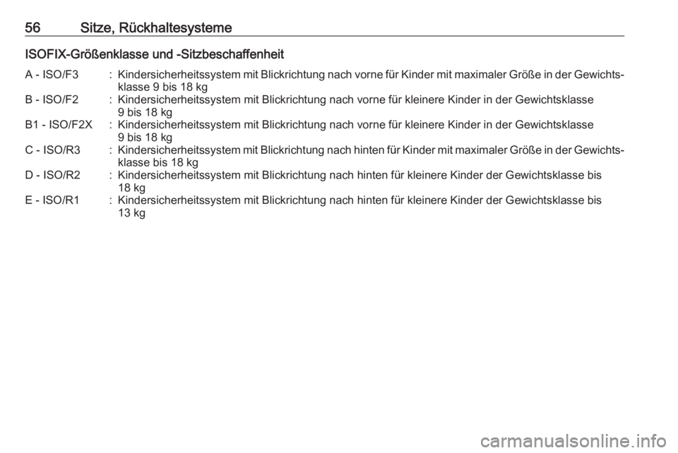 OPEL MOKKA X 2017  Betriebsanleitung (in German) 56Sitze, RückhaltesystemeISOFIX-Größenklasse und -SitzbeschaffenheitA - ISO/F3:Kindersicherheitssystem mit Blickrichtung nach vorne für Kinder mit maximaler Größe in der Gewichts‐klasse 9 bis 