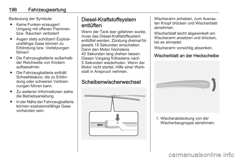 OPEL MOKKA X 2018 Infotainment-Handbuch (in German) 196FahrzeugwartungBedeutung der Symbole:● Keine Funken erzeugen! Umgang mit offenen Flammen
bzw. Rauchen verboten!
● Augen stets schützen! Explosi‐ onsfähige Gase können zu
Erblindung bzw. Ve OPEL MOKKA X 2018 Infotainment-Handbuch (in German) 196FahrzeugwartungBedeutung der Symbole:● Keine Funken erzeugen! Umgang mit offenen Flammen
bzw. Rauchen verboten!
● Augen stets schützen! Explosi‐ onsfähige Gase können zu
Erblindung bzw. Ve