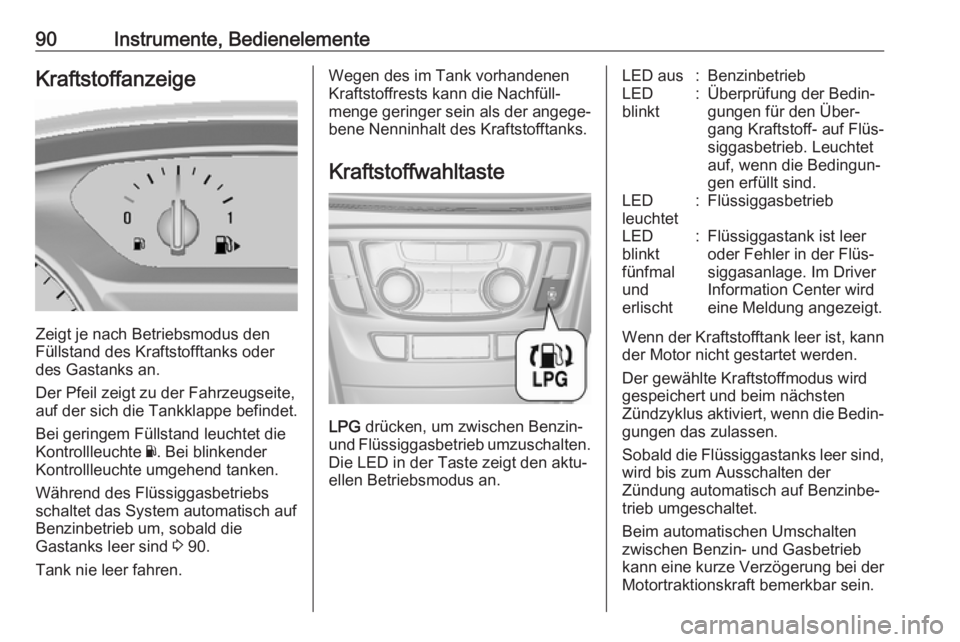 OPEL MOKKA X 2018  Infotainment-Handbuch (in German) 90Instrumente, BedienelementeKraftstoffanzeige
Zeigt je nach Betriebsmodus den
Füllstand des Kraftstofftanks oder
des Gastanks an.
Der Pfeil zeigt zu der Fahrzeugseite,
auf der sich die Tankklappe be