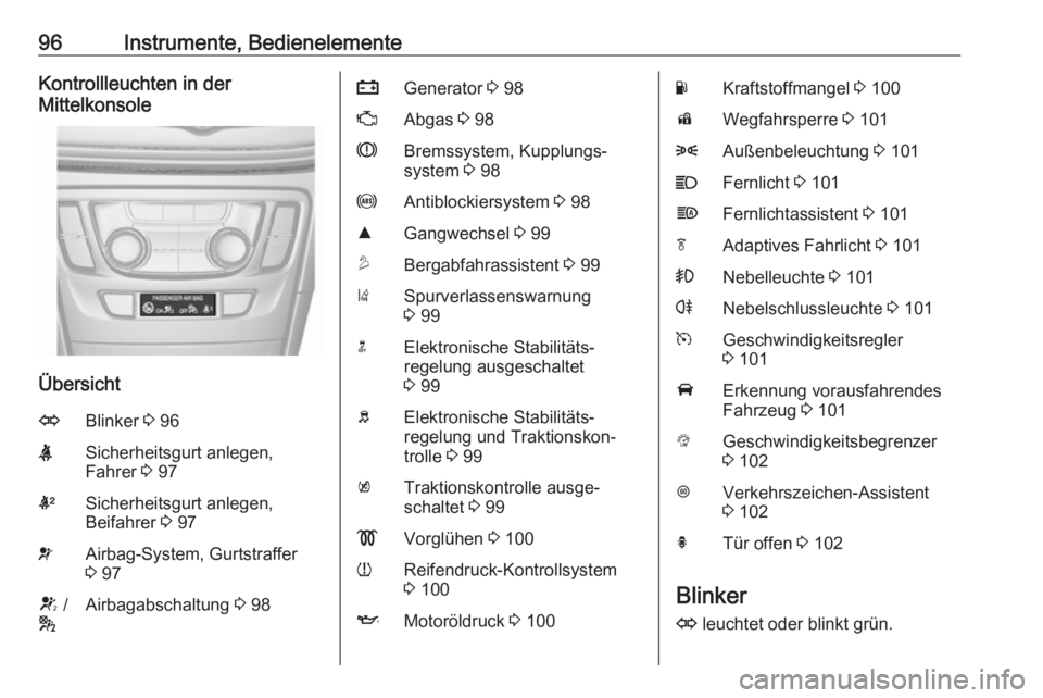 OPEL MOKKA X 2018  Infotainment-Handbuch (in German) 96Instrumente, BedienelementeKontrollleuchten in der
Mittelkonsole
Übersicht
OBlinker  3 96XSicherheitsgurt anlegen,
Fahrer  3 97kSicherheitsgurt anlegen,
Beifahrer  3 97vAirbag-System, Gurtstraffer
