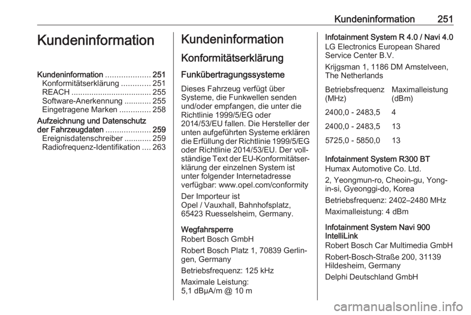 OPEL MOKKA X 2018.5  Infotainment-Handbuch (in German) Kundeninformation251KundeninformationKundeninformation....................251
Konformitätserklärung .............251
REACH .................................... 255
Software-Anerkennung ............2