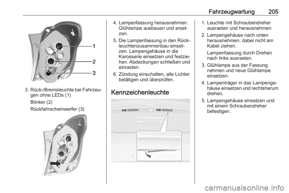OPEL MOKKA X 2019  Betriebsanleitung (in German) Fahrzeugwartung205
3.Rück-/Bremsleuchte bei Fahrzeu‐
gen ohne LEDs (1)
Blinker (2)
Rückfahrscheinwerfer (3)
4. Lampenfassung herausnehmen. Glühlampe ausbauen und erset‐
zen.
5. Die Lampenfassun