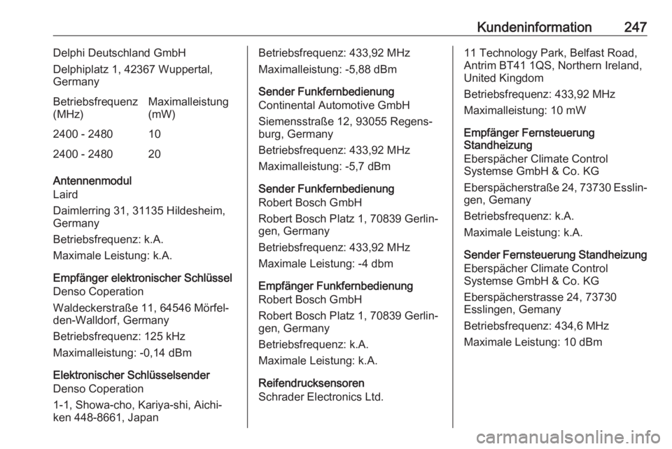 OPEL MOKKA X 2019.5 Betriebsanleitung (in German) Kundeninformation247Delphi Deutschland GmbH
Delphiplatz 1, 42367 Wuppertal,
GermanyBetriebsfrequenz
(MHz)Maximalleistung
(mW)2400 - 2480102400 - 248020
Antennenmodul
Laird
Daimlerring 31, 31135 Hildes OPEL MOKKA X 2019.5 Betriebsanleitung (in German) Kundeninformation247Delphi Deutschland GmbH
Delphiplatz 1, 42367 Wuppertal,
GermanyBetriebsfrequenz
(MHz)Maximalleistung
(mW)2400 - 2480102400 - 248020
Antennenmodul
Laird
Daimlerring 31, 31135 Hildes