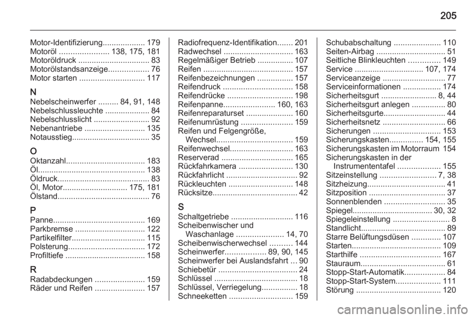 OPEL MOVANO_B 2014  Betriebsanleitung (in German) 205
Motor-Identifizierung...................179
Motoröl  ...................... 138, 175, 181
Motoröldruck  ................................ 83
Motorölstandsanzeige ..................76
Motor start
