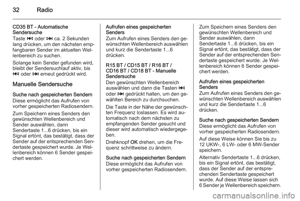 OPEL VIVARO B 2014.5  Infotainment-Handbuch (in German) 32Radio
CD35 BT - Automatische
Sendersuche
Taste  2 oder  3 ca. 2 Sekunden
lang drücken, um den nächsten emp‐
fangbaren Sender im aktuellen Wel‐
lenbereich zu suchen.
Solange kein Sender gefunde
