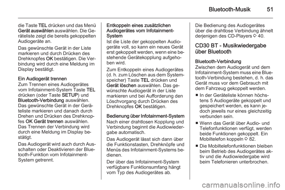 OPEL VIVARO B 2014.5  Infotainment-Handbuch (in German) Bluetooth-Musik51
die Taste TEL drücken und das Menü
Gerät auswählen  auswählen. Die Ge‐
räteliste zeigt die bereits gekoppelten
Audiogeräte an.
Das gewünschte Gerät in der Liste markieren 