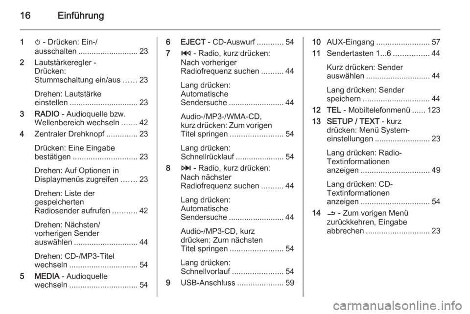 OPEL VIVARO B 2015.5  Infotainment-Handbuch (in German) 16Einführung
1m - Drücken: Ein-/
ausschalten ........................... 23
2 Lautstärkeregler -
Drücken:
Stummschaltung ein/aus ......23
Drehen: Lautstärke
einstellen ...........................