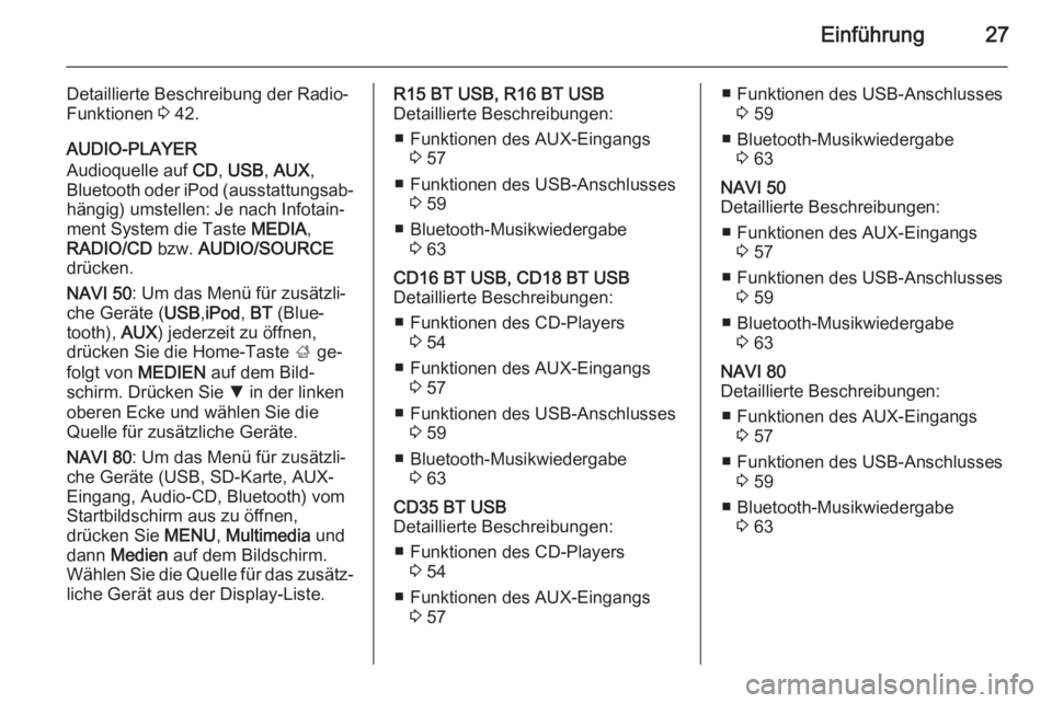 OPEL MOVANO_B 2015.5  Infotainment-Handbuch (in German) Einführung27
Detaillierte Beschreibung der Radio-
Funktionen  3 42.
AUDIO-PLAYER
Audioquelle auf  CD, USB , AUX ,
Bluetooth  oder iPod (ausstattungsab‐
hängig) umstellen: Je nach Infotain‐
ment 