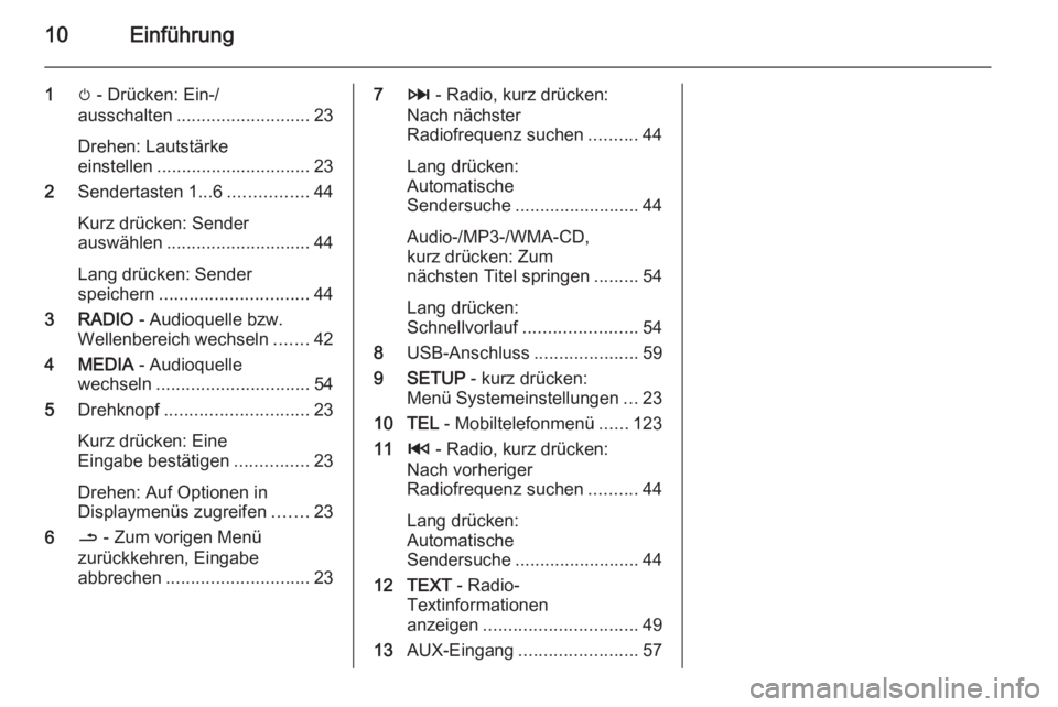 OPEL MOVANO_B 2015.5  Infotainment-Handbuch (in German) 10Einführung
1m - Drücken: Ein-/
ausschalten ........................... 23
Drehen: Lautstärke
einstellen ............................... 23
2 Sendertasten 1...6 ................44
Kurz drücken: S