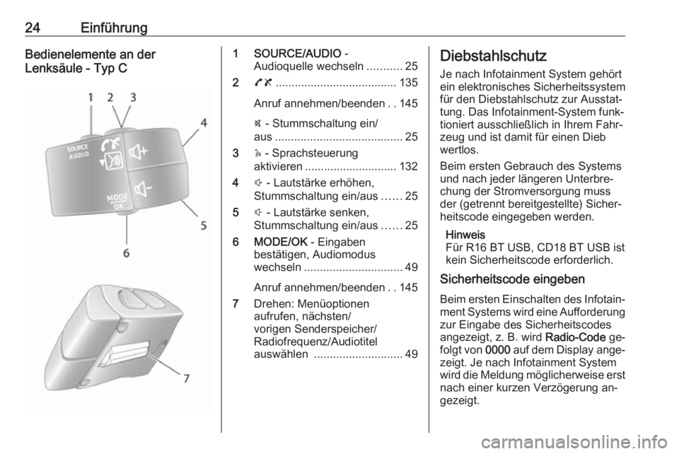 OPEL VIVARO B 2016  Infotainment-Handbuch (in German) 24EinführungBedienelemente an der
Lenksäule - Typ C1 SOURCE/AUDIO  -
Audioquelle wechseln ...........25
2 78 ...................................... 135
Anruf annehmen/beenden ..145
@  - Stummschaltu